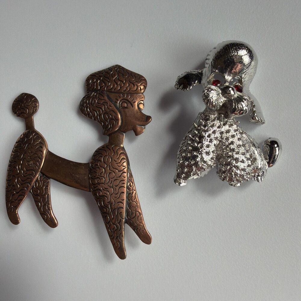 2 Vintage Estate Poodle Dog Brooch Pins Copper And Silver Tone Rhinestone Eyes - Picture 3 of 8